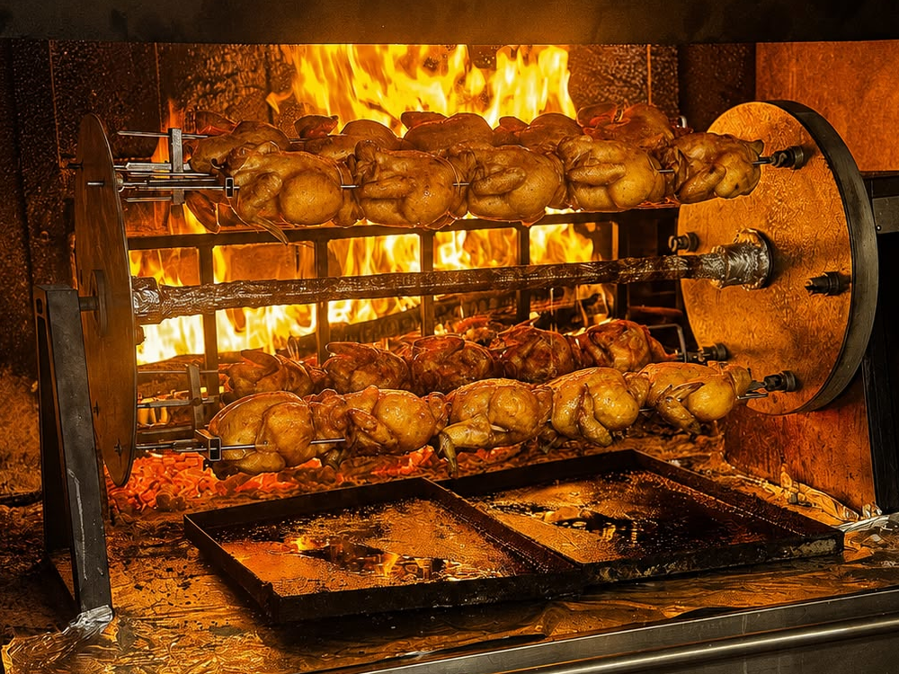 Pollo intero allo spiedo appena sfornato