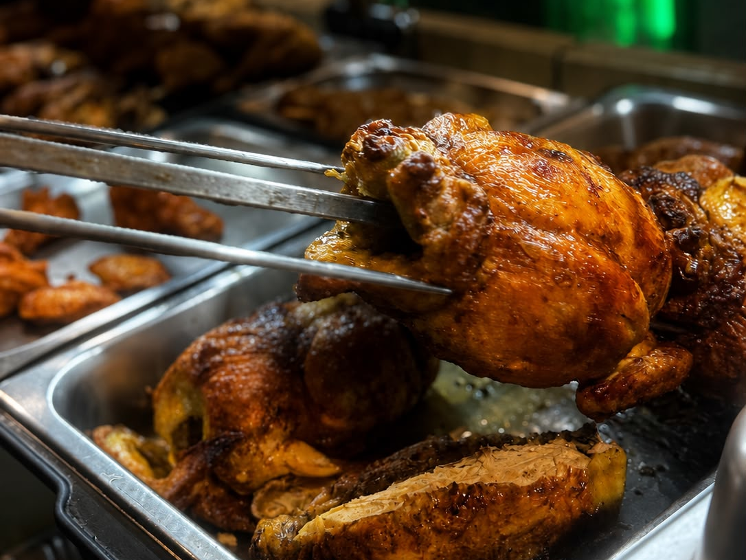 Pollo intero appena cotto allo spiedo, pelle dorata e croccante, su sfondo nero con illuminazione laterale